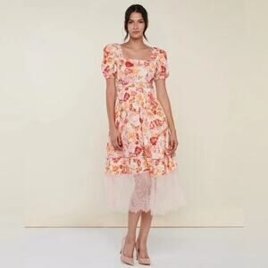 [Rachel Parcell] Pink Rose Floral Puff Sleeve Lace Trim Spring Midi Dress NWT 8